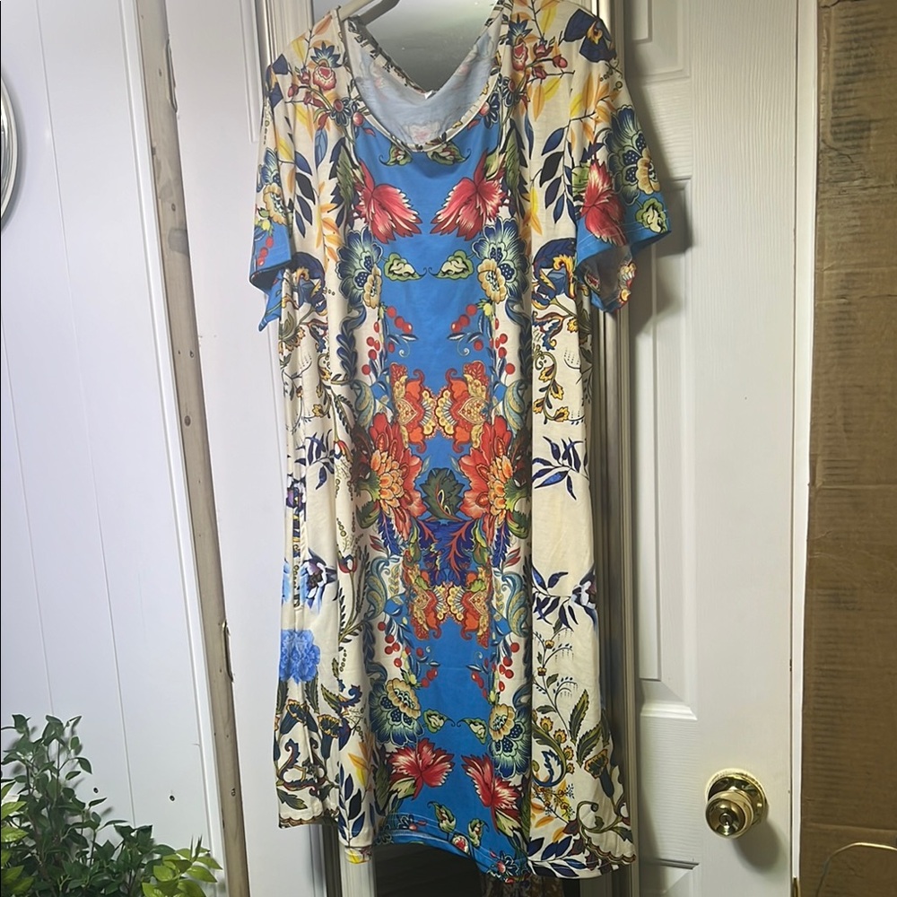 Floral Blue and Cream Midi Dress